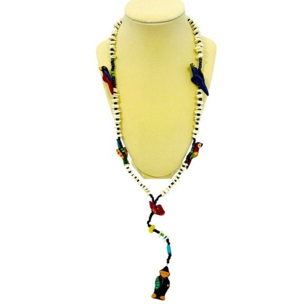 Tropical Necklace with Birds & Flower Pendants | Long Necklace
